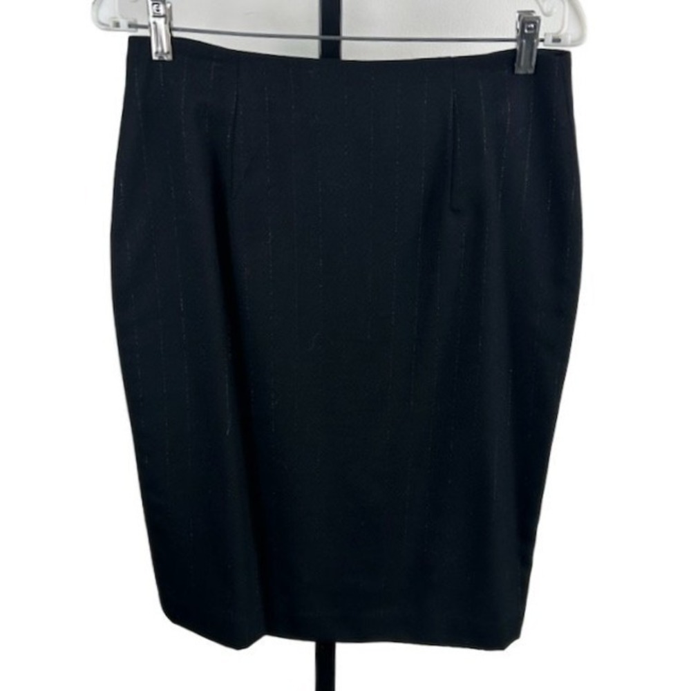 Suzelle Black Silver Thread Pinstripe Wool Pencil Skirt Career Cocktail Size 8